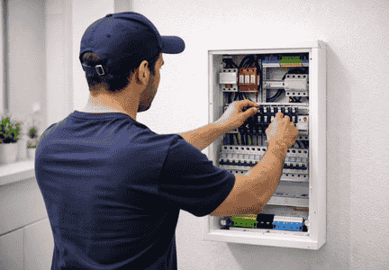 Elektriker arbeitet an einem Zählerkasten eines Hauses